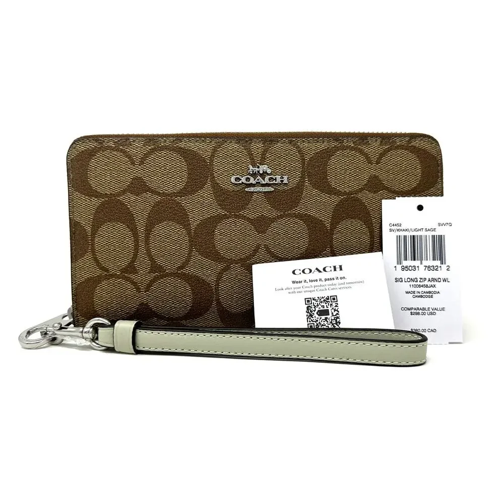 Coach Long Zip Around Wallet in Signature Canvas Khaki Light Sage C4452